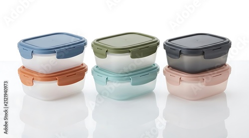 Set of colorful plastic food containers with lids stacked in a kitchen environment. spill proof container