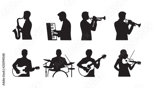 Принти на полотні Music band members set featuring instrument players and singers black vector silhouettes isolated on white background