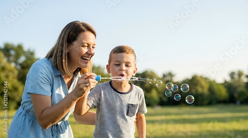 A Joyful and Playful Summer Scene of a Mid-Adult Mom and Her Son Blowing Bubbles Outdoors With the Mom Holding the Wand as the Child Blows Bubbles Capturing a Moment of Fun Love and Mental Well-Being