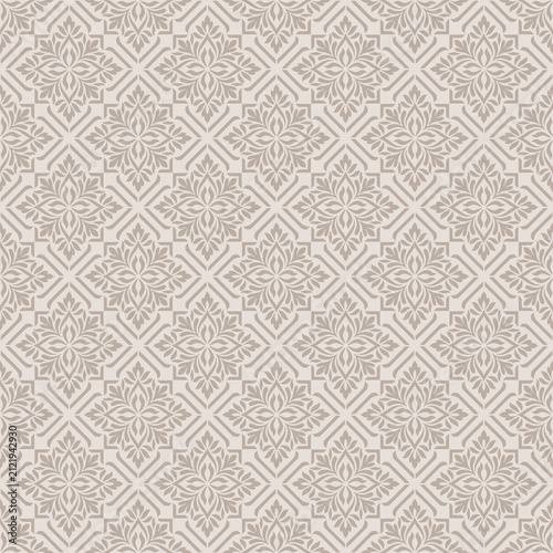 Luxury beige damask tile seamless pattern background with ornate geometric floral lattice, vector for vintage damask tile wallpaper, ceramic print, and elegant backdrop.
