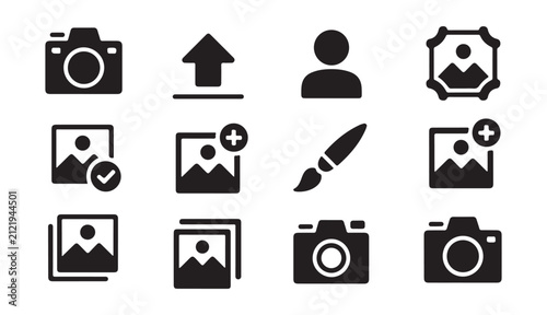 Graphic set of photo gallery and camera icons featuring user profile upload and editing tool symbols set.