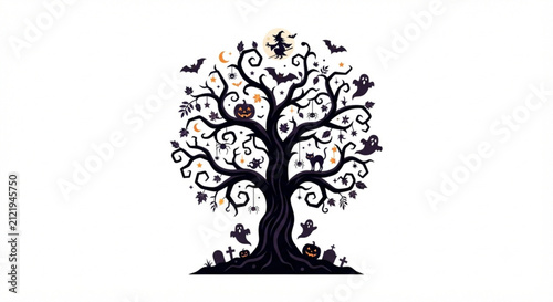 Bild auf Leinwand Spooky Halloween Magic Tree with Ghosts, Bats, and Pumpkins on White Background