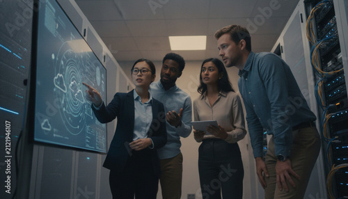 Team analyzing data on digital screen in server room