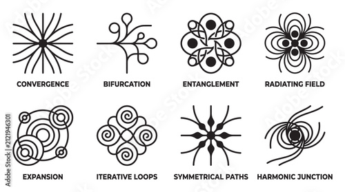 Abstract cosmic concepts of convergence, bifurcation, entanglement, and radiating expansion fields.