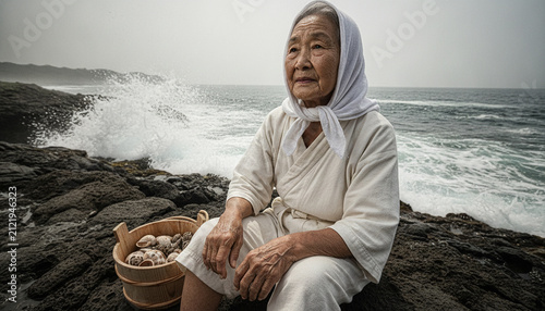 Elderly woman collecting seashells by ocean waves