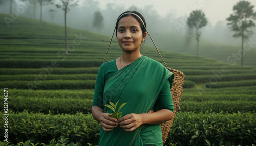 Woman holding tea leaves in lush green plantation field
