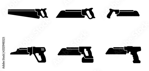 Fotografie Vector Saw Icons Set: Hand Saws, Hacksaws, and Woodworking Tools Collection