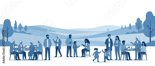 Diverse group of people enjoying outdoor social gathering illustration