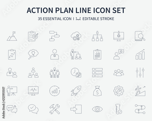 Action plan line icon set editable stroke business strategy planning management and productivity vector collection