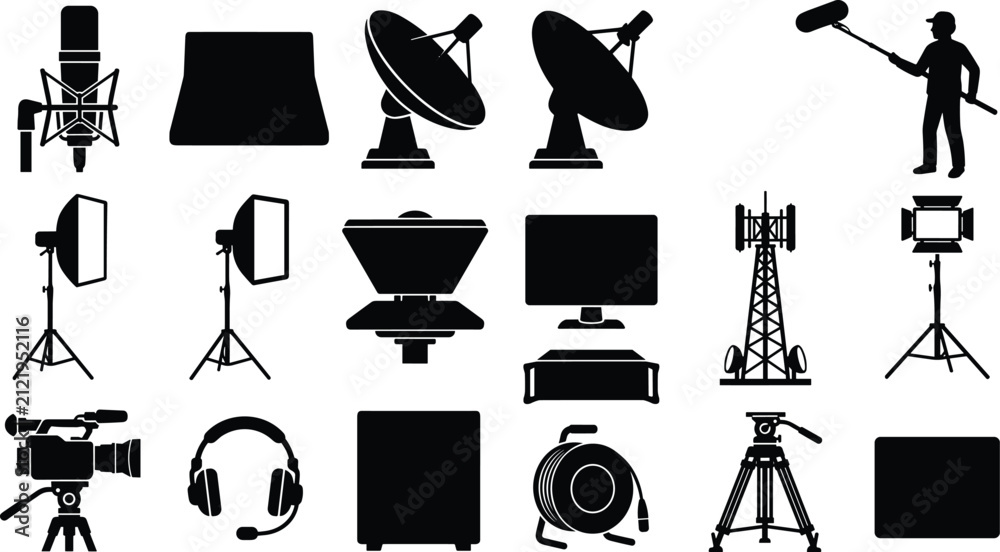 Obraz premium Set of professional broadcasting, television production, media equipment, and communication technology icons