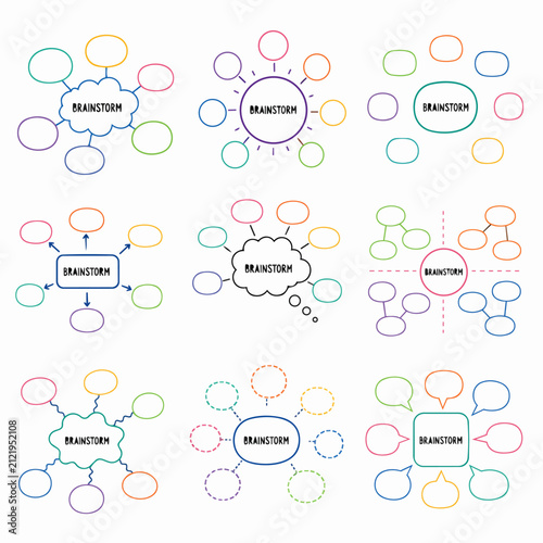A collection of nine colorful mind map diagrams features various shapes and connecting.