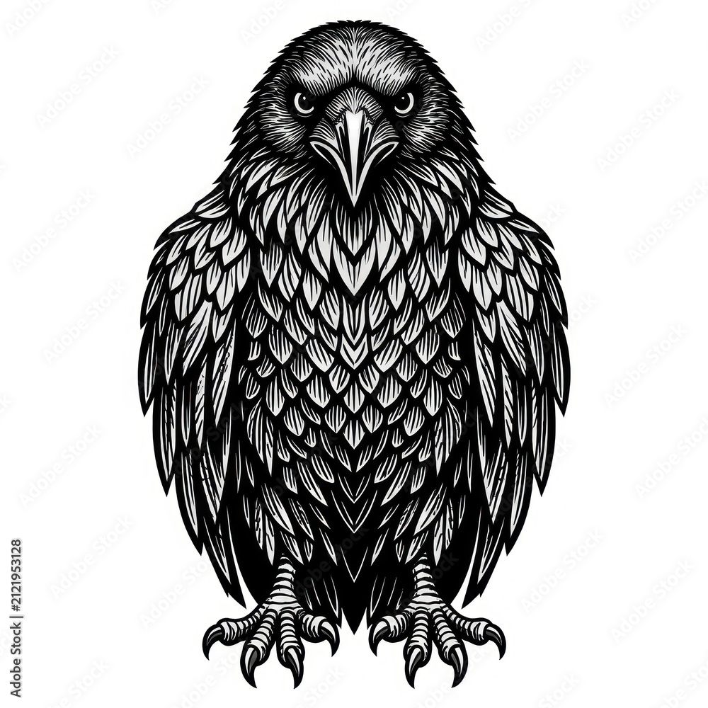 Naklejka premium Intricate black and white raven illustration