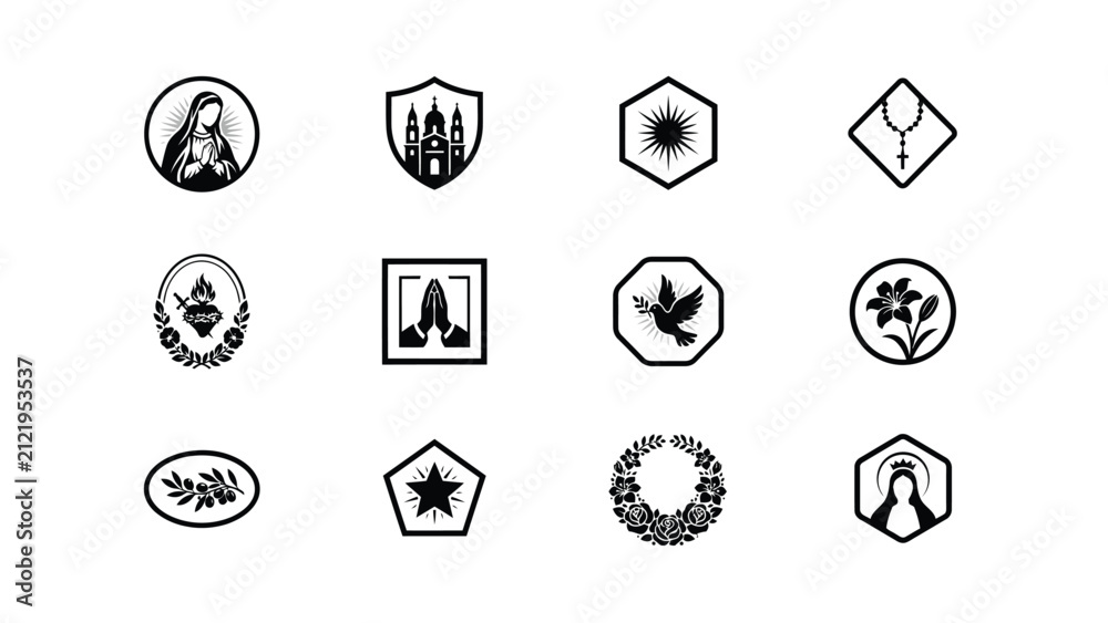 Fototapeta premium Elegant black and white religious symbols collection in minimalist icon design with showcases refined set twelve high contrast religious icons