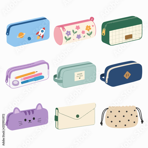 A collection of various colorful pencil cases with different patterns and designs are.