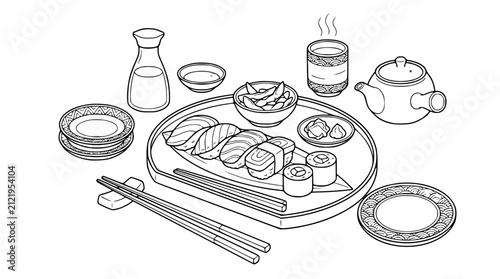 Japanese Sushi Set with Nigiri Maki Teapot and Soy Sauce Coloring Page