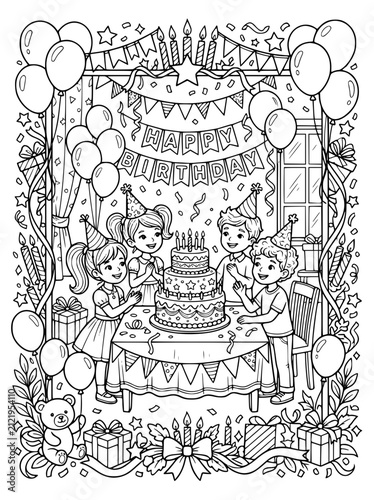 Kids Birthday Party Coloring Page with Large Cake and Balloons