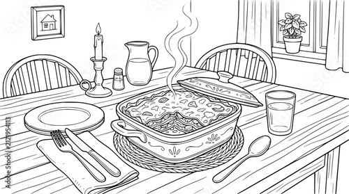 Lasagna Dinner Table Coloring Page Illustration