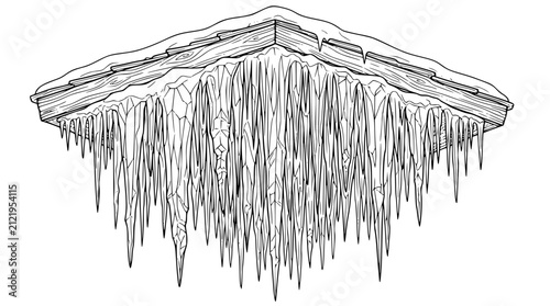 Line Art Drawing of Icicles Hanging from a Snowy Wooden Roof