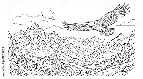Majestic eagle soaring over mountain peaks line art illustration for coloring book