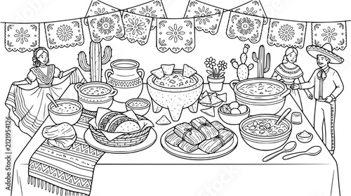 Mexican Fiesta Celebration with Traditional Food and Dancers Coloring Page