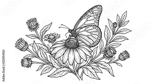 Monarch Butterfly on Coneflower Coloring Page Line Art