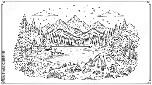 Mountain Camping Scene Coloring Page with Lake Tent and Campfire