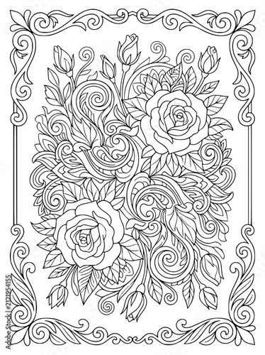 Ornate Roses and Floral Swirls Coloring Page for Adults