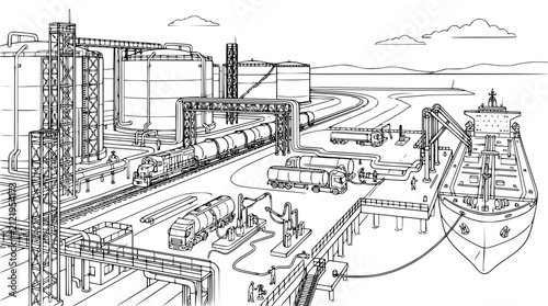 oil terminal industrial port line art illustration with tanker ship and train
