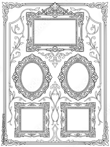 Ornate Vintage Decorative Picture Frames Set Vector Line Art