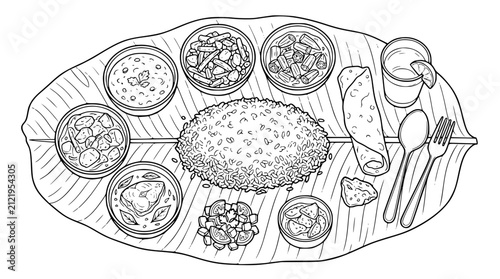 Traditional Indian Thali Meal on Banana Leaf Line Art Illustration