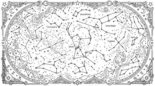 Vintage Celestial Star Map Illustration with Constellations and Zodiac Symbols