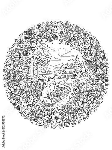 Whimsical Woodland Scene with Fox and Floral Border Coloring Page
