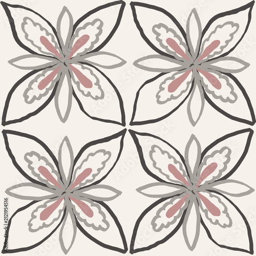 Charcoal and Dusty Pink Flower Tile Seamless Pattern on Ivory Background