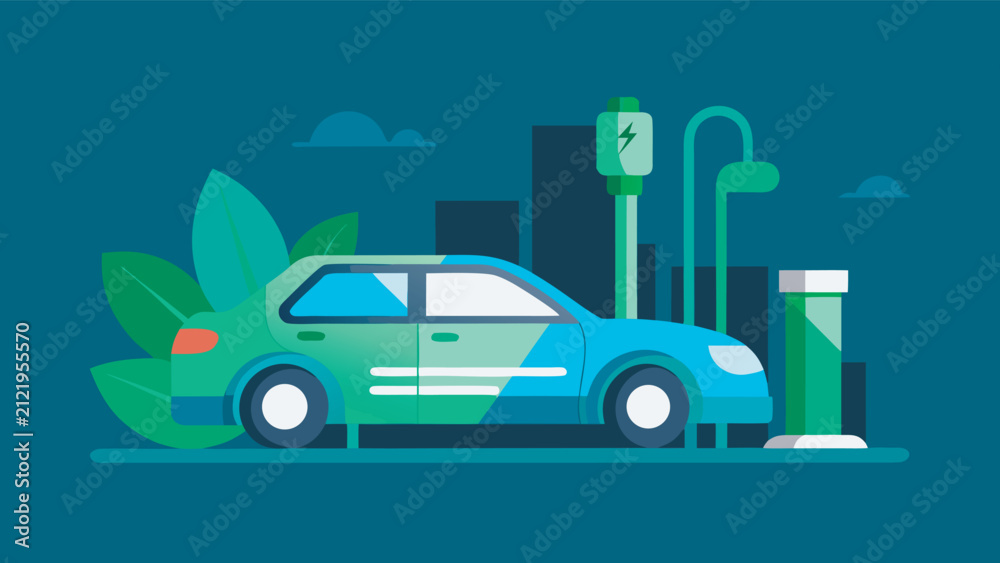 Naklejka premium depicting an eco friendly urban scene. In the foreground, a modern electric car is parked next to a charging station. The vehicle features a two-tone color scheme of bright teal and soft lime green, w