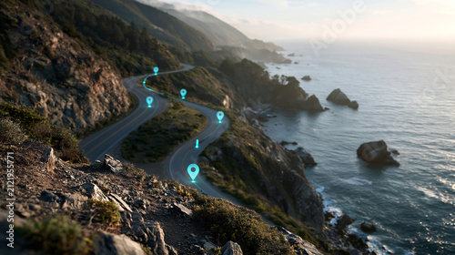 Creative Sustainability Illustration with Winding Coastal Road with Glowing Digital Navigation Markers Following a Rocky Shoreline Beside the Ocean