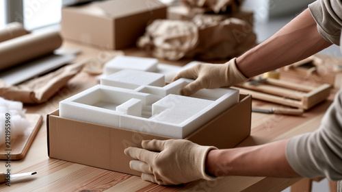 Detailed View of Hands Packing Fragile Products with White Protective Foam Inside a Busy Workshop with Boxes and Wrapping Materials