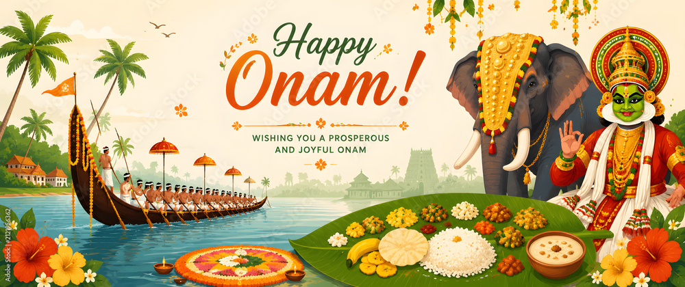 Obraz premium Happy Onam festival celebration with elephant and boat race