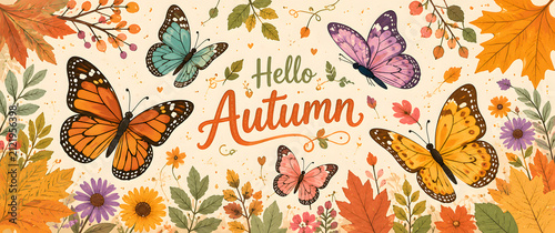Hello Autumn butterflies and fall leaves illustration