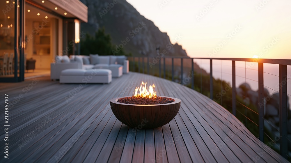 Obraz premium Modern outdoor deck with fire pit overlooking ocean sunset, luxurious home exterior, and scenic coastal view