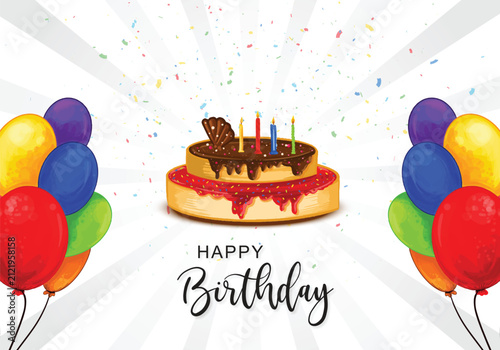 Happy birthday balloons with realistic cake party background