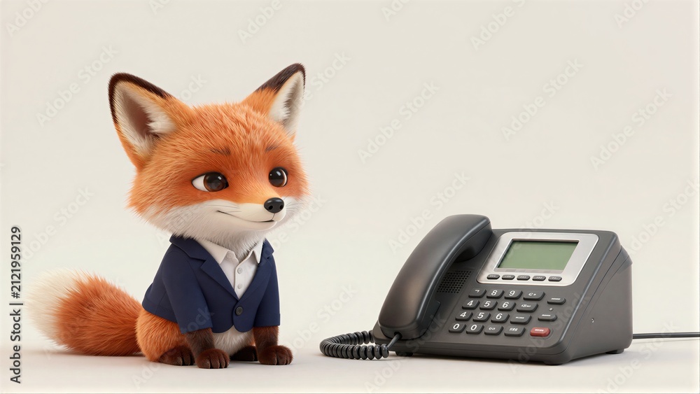 Fototapeta premium A cartoon fox in a suit sits beside a landline phone, looking thoughtful.