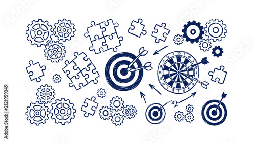 Business Strategy Sketch with Gears Targets and Puzzle Pieces