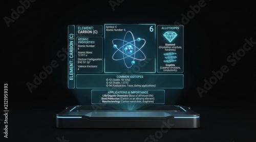 Futuristic Holographic Display Showing Atomic Structure and Scientific Data