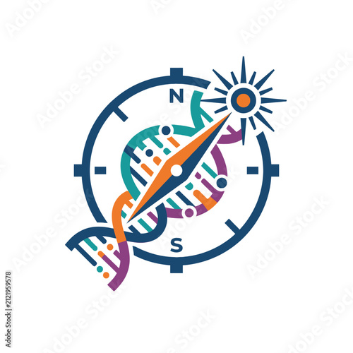 A colorful DNA helix integrated into a navigation compass design
