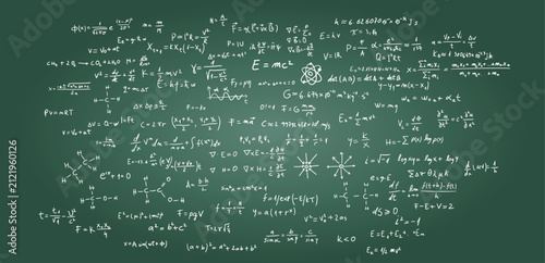 Chalkboard Covered With Mathematical Equations, Physics Formulas and Chemistry Diagrams in Classroom