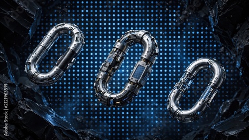 Three Futuristic Carabiners on a Digital Blue Background.