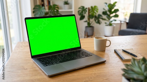 Obraz na plátně Laptop with green screen on wooden desk