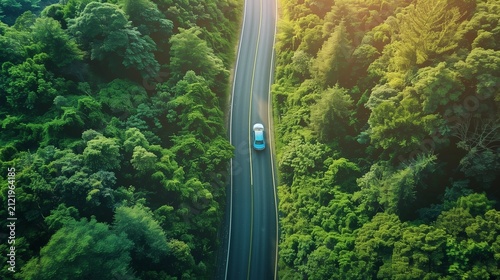 Sustainable road trip concept, car driving through green landscape.