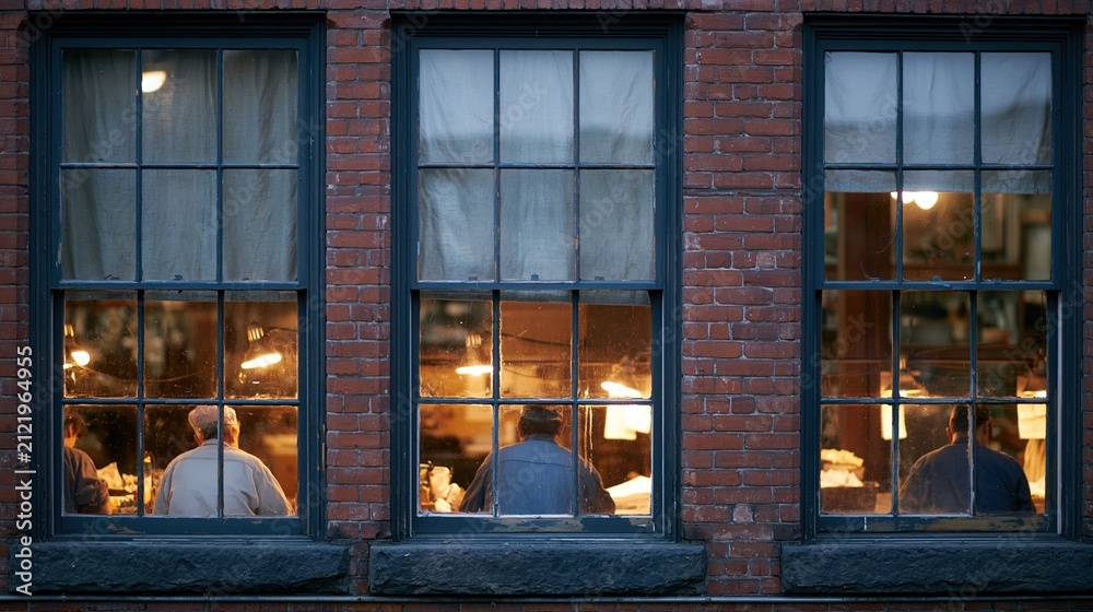 Fototapeta premium Three men working late inside a brick building seen through large, old-fashioned windows with warm interior lighting.