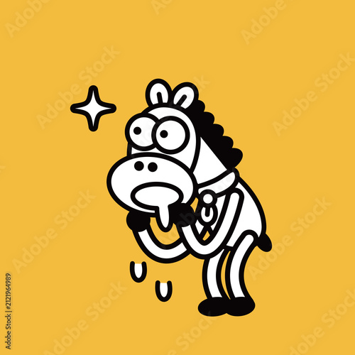 Fotografie Vector line art illustration of a funny cartoon horse staring wide-eyed and drooling uncontrollably on a vibrant yellow background